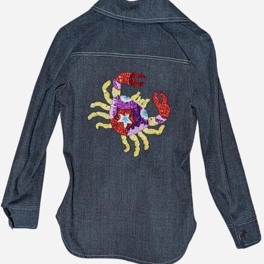 Vintage Roncelli Embroidered Denim Jacket Sequined Zodiac Crab Design Size Small